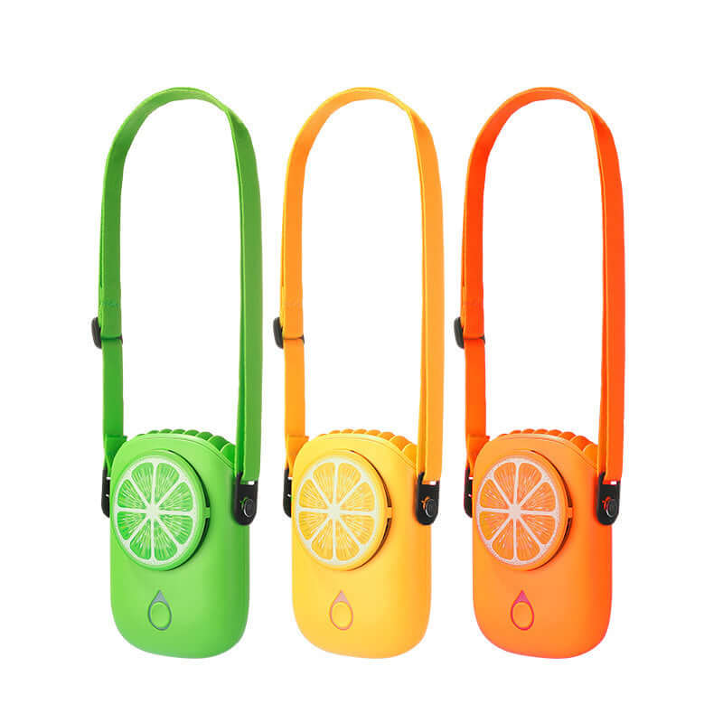 Portable Citrus Neck Fan in orange, yellow and green color with neck straps