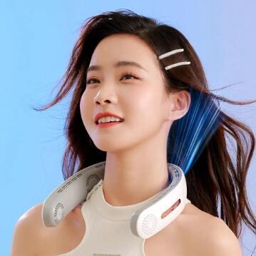 A girl wearing a white portable neck fan