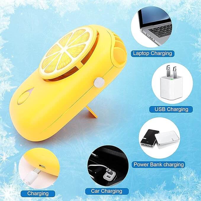 Portable Citrus Neck Fan in yellow with USB charging options: laptop, car, and power bank