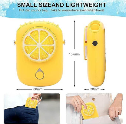 Portable Citrus Neck Fan in yellow, measuring 86x157x38mm, can be carried in a handbag or pocket