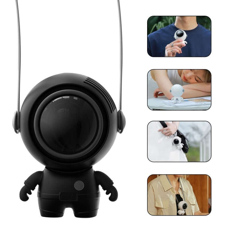 Black Astronaut Portable Neck Fan and its wearing options: around the neck, on a desk, attached to a bag as a keychain, or held in hand