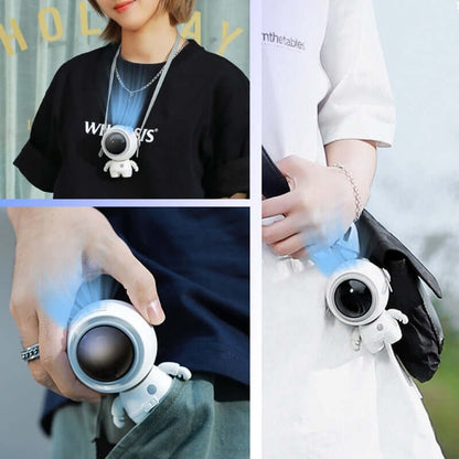 Black Astronaut Portable Neck Fan and its wearing options: in a pocket, around the neck, or attached to a bag