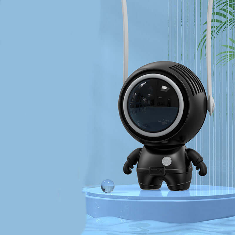 Black Astronaut Portable Neck Fan on a light blue background