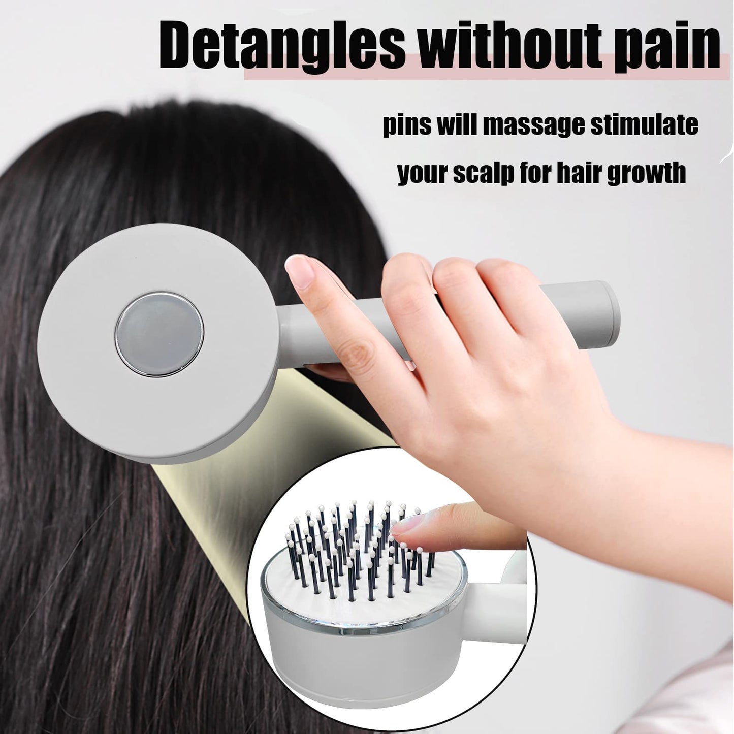 Massage One-key Self-cleaning Hair Brush with pins that massage and stimulate the scalp