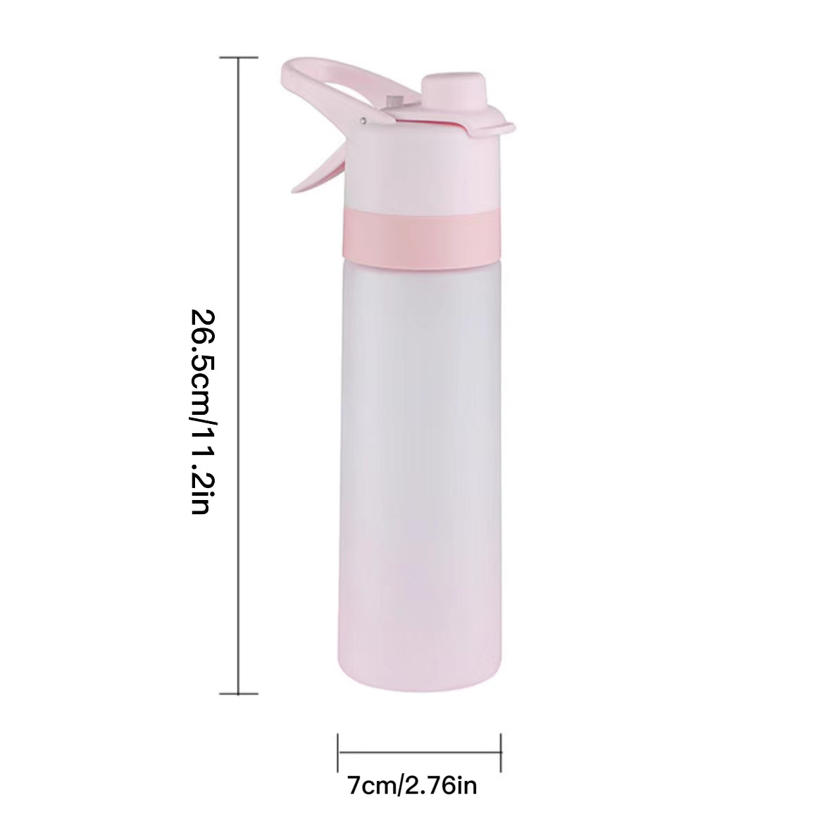 Pink misting water bottle with dimensions displayed