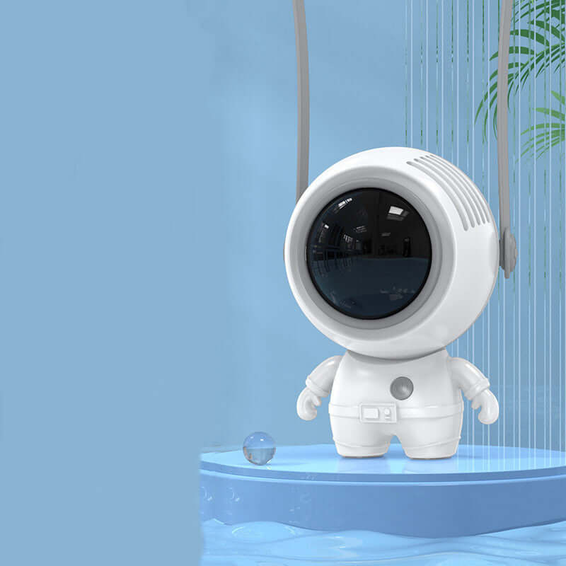 White Astronaut Portable Neck Fan on a light blue background